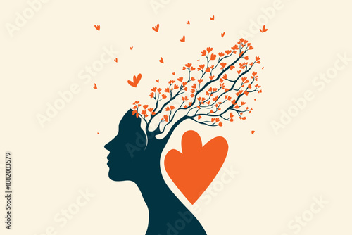 Surreal silhouette of woman profile with orange tree branches, flowers, butterflies in hair and large heart on beige background vector art.