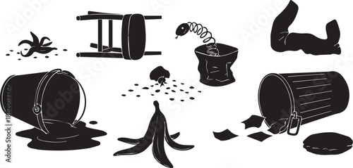 Various hazard and prank elements set messy floor objects black vector silhouette illustration line art