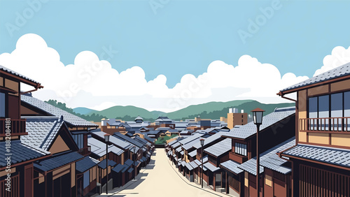 Kyoto cityscape vector illustration combining traditional and modern Japanese urban elements with generic low-rise buildings and calm streets in flat solid colors for cultural and travel design use