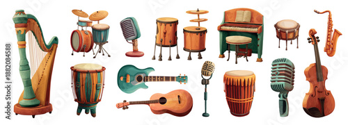 musical instruments retro set. Harp drums guitar piano microphone violin trumpet cartoon, music performance orchestra concert vector illustration