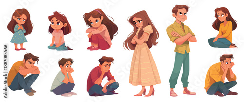 Sad characters cartoon set. depressed man woman girl boy sitting, longing resentment snger feeling emotions mental crisis psychology health therapy anxiety vector illustration
