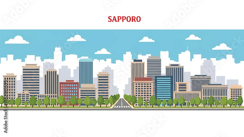 Sapporo cityscape vector illustration depicting a spacious northern Japanese city with wide streets, generic buildings, and open sky in flat solid colors for travel and urban design themes