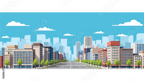 Sapporo cityscape vector illustration depicting a spacious northern Japanese city with wide streets, generic buildings, and open sky in flat solid colors for travel and urban design themes