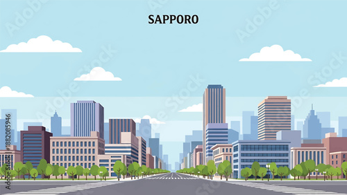 Sapporo cityscape vector illustration depicting a spacious northern Japanese city with wide streets, generic buildings, and open sky in flat solid colors for travel and urban design themes