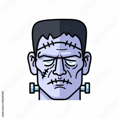 Frankenstein Monster Head Illustration with Stitches and Bolts.