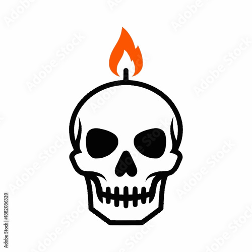 Stylized skull with a vibrant flame burning on its crown.