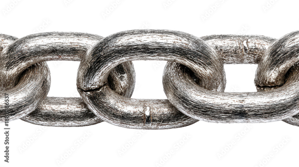 Obraz premium Interwoven steel chain links with thick metallic rings braided together, brushed metal texture, bright specular highlights, and a tight repeating pattern of heavy duty material isolated on transparent