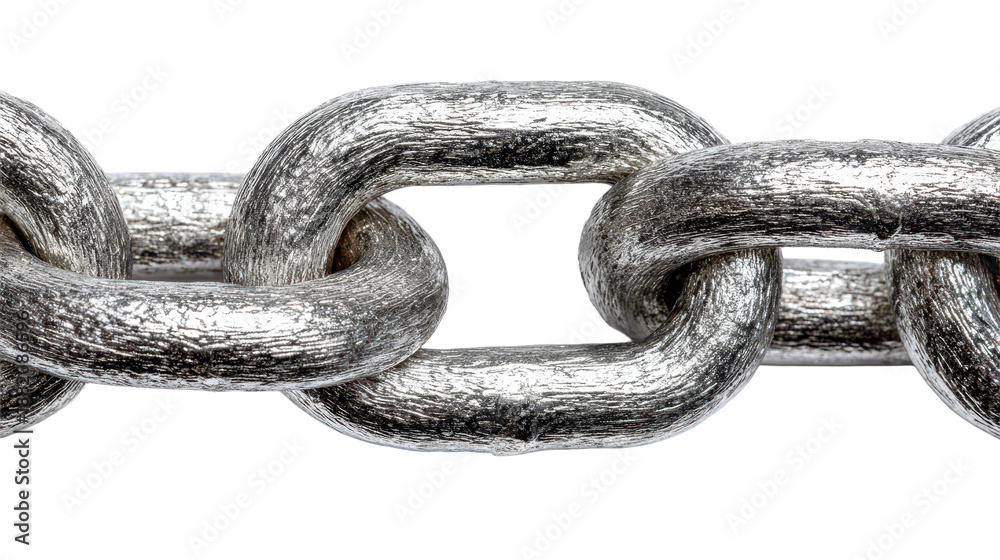 Obraz premium Interwoven steel chain links with thick metallic rings braided together, brushed metal texture, bright specular highlights, and a tight repeating pattern of heavy duty material isolated on transparent