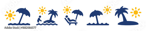 Collection of Vacation Icons Depicting Tropical Beach Scenes Relaxation Sunshine and Island Getaways Perfect for Travel Agencies and Tourism Promotions