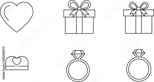 Simple black outline icons representing key elements of romance including a heart shape two different styles of gift boxes and diamond engagement rings for celebration