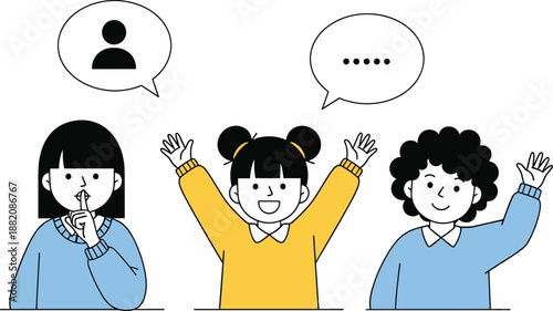 Children expressing classroom behavior, raising hands and staying quiet, communication concept illustration, student participation, education, learning, interaction, discipline