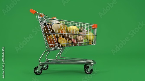 Metal shopping cart rolling with fresh groceries on a chroma key green screen background, showcasing retail and consumerism concepts in a realistic 3D animation.