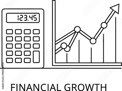 Simple black and white line art icon depicting a calculator alongside a rising line graph symbolizing successful financial growth and investment progress towards future goals