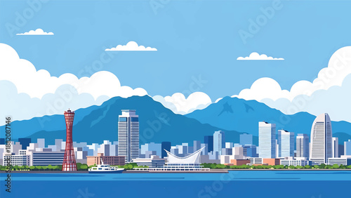 Kobe cityscape vector illustration depicting a Japanese harbor city with generic waterfront buildings and mountain backdrop in flat solid colors, perfect for travel and lifestyle design use