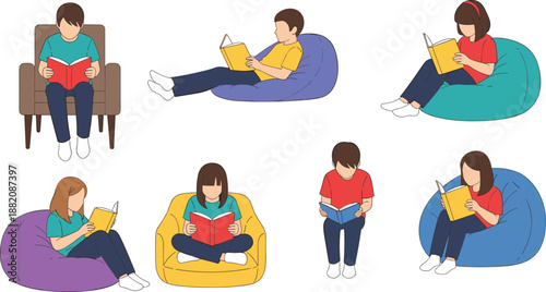 Kids and teens reading books, cozy seating illustration, children studying at home, education concept, leisure reading, learning, comfort, relaxation