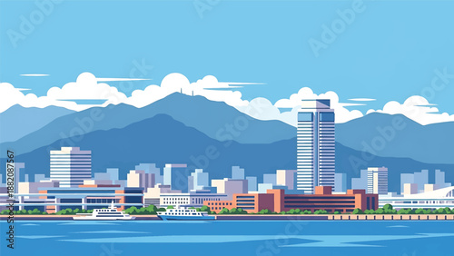 Kobe cityscape vector illustration depicting a Japanese harbor city with generic waterfront buildings and mountain backdrop in flat solid colors, perfect for travel and lifestyle design use