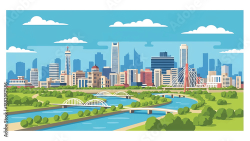 Hiroshima cityscape vector illustration presenting a peaceful modern Japanese city with generic buildings, rivers, and bridges in flat solid colors for travel, education, and urban visuals