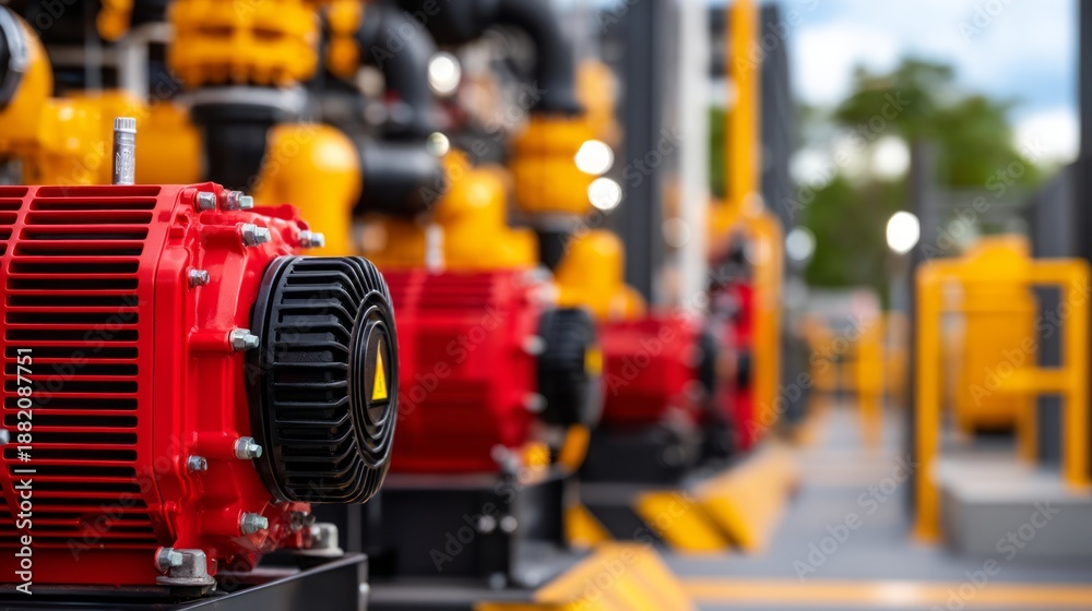 Fototapeta premium Red Industrial Motor with Backup Power Infrastructure in Modern Industrial Facility