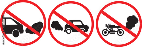 Isolated prohibition sign showing motorcycle and car emitting exhaust smoke, symbolizing air pollution control, environmental protection, emission warning and eco safety regulation illustration
