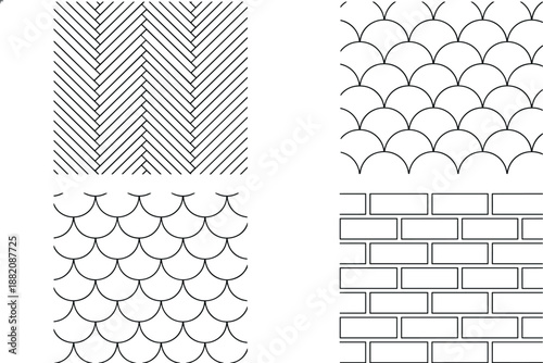 Seamless Pattern Icon Set with Chevron Zigzag, Fish Scale Overlapping, Scallop Wave Curves, and Classic Brick Wall Textures for Backgrounds