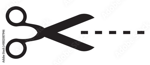 Cut here black vector illustration with dotted line isolated on white background in minimalist design creative scissors to separate coupon