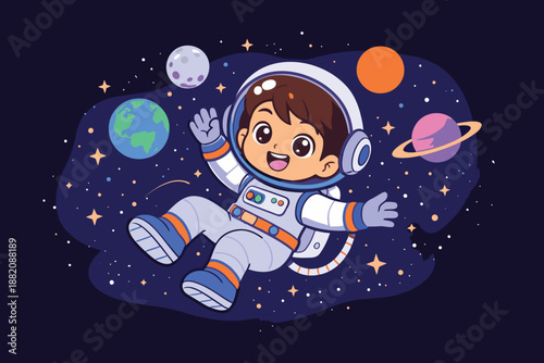 Cute kid astronaut floating in space with planets