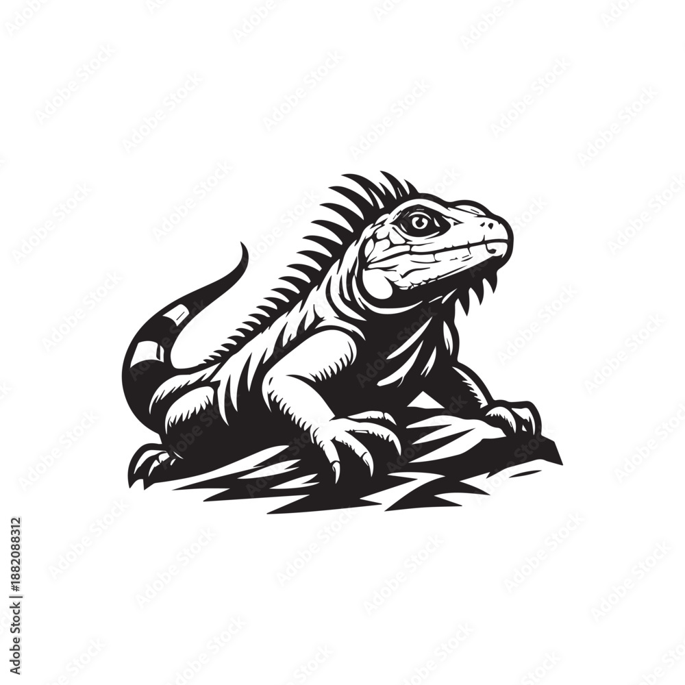 Fototapeta premium Black and White Iguana Reptile on a Rock Stylized Animal Graphic.