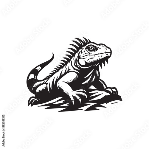 Black and White Iguana Reptile on a Rock Stylized Animal Graphic.