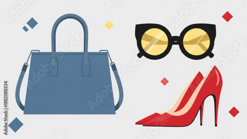 A vector graphic illustration of a blue handbag, black sunglasses, and a red high-heeled shoe with colorful diamond shapes on a white background