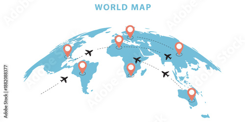 Infographic vector world map, global locations with red pointers, simple communication layout, business presentation template, data visualization illustration