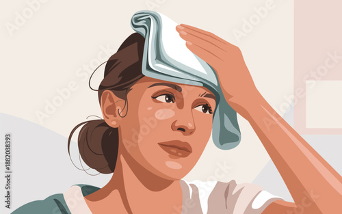 Woman applying a cold compress to her forehead, relieving stress and discomfort indoors