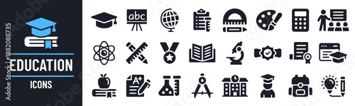 Education icons set vector illustration in glyph style contains study, learning, student, knowledge, teaching, school, college, university, science, course and graduation