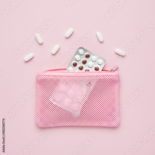Wallpaper Mural Feminine Pink Organizer Mesh Bag Containing Birth Control Pills, Blister Pack and Loose White Tablets on Soft Pink Surface – Women's Health Concept Torontodigital.ca