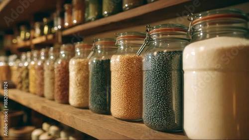 Various jars filled with grains and pulses on wooden shelf  