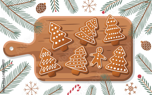 Assorted Christmas cookies on a wooden cutting board surrounded by festive decorations and pine branches