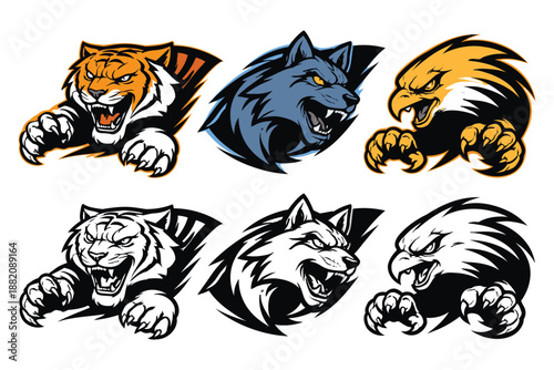 Angry animal mascots set including tiger wolf and eagle heads