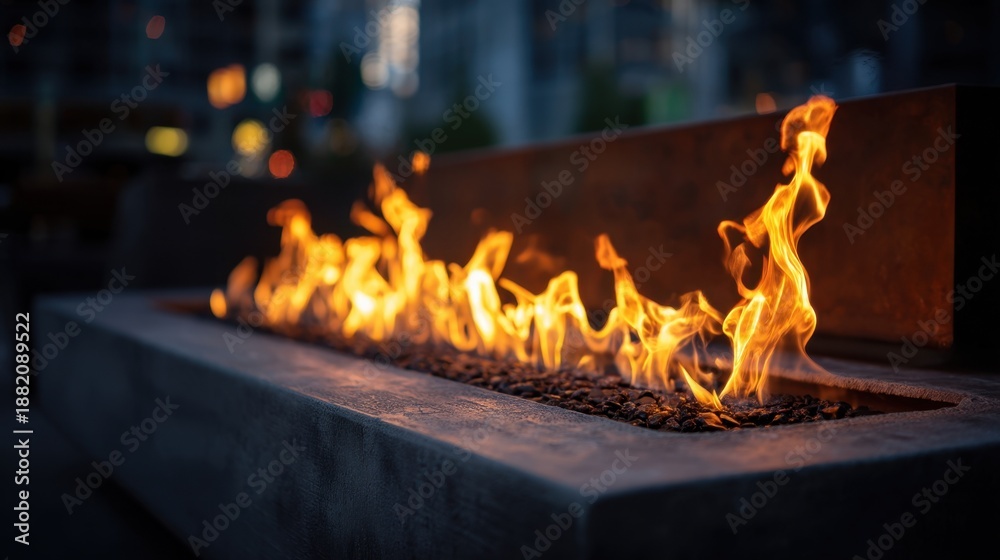 Naklejka premium Cozy urban fire pit with flickering flames in outdoor evening setting.