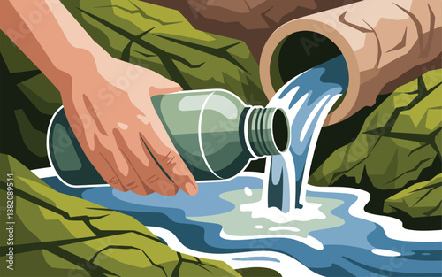 Illustration of hands pouring water from a bottle into a rocky terrain, depicting conservation efforts in a natural landscape from a close-up viewpoint
