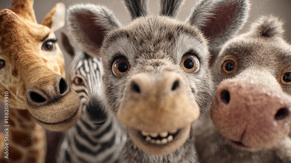 Obraz premium Cute animated animals posing together with playful expressions.