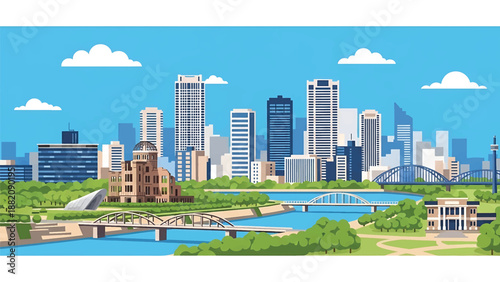 Hiroshima cityscape vector illustration presenting a peaceful modern Japanese city with generic buildings, rivers, and bridges in flat solid colors for travel, education, and urban visuals
