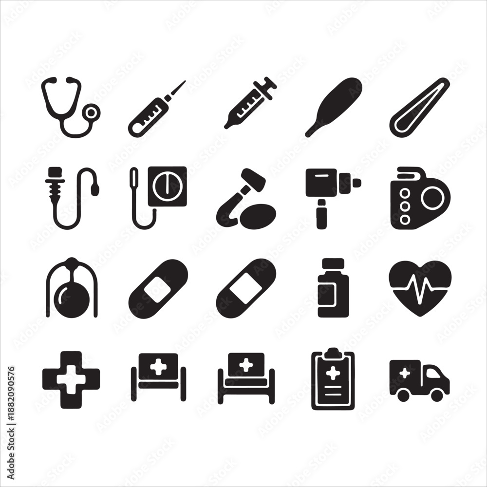 Fototapeta premium Black medical and hospital icons in a clean grid, featuring stethoscope, syringe, pills, beds, ambulance, heart monitor, wheelchair, clipboard, and healthcare equipment symbols. 