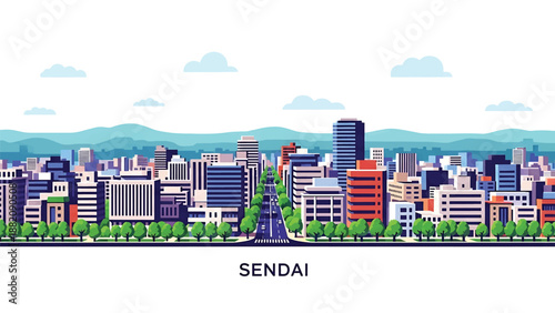 Sendai cityscape vector illustration showing a regional Japanese city with tree-lined streets and generic mid-rise buildings in flat solid colors for travel and everyday urban design themes