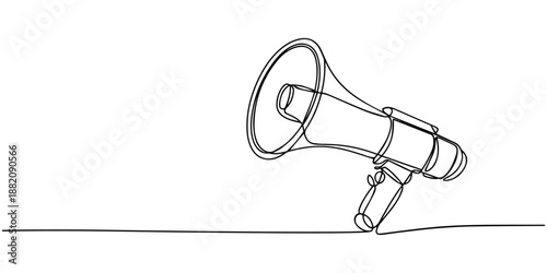 megaphone continuous one line drawing, Continuous one line art drawing of megaphone speaker for news and promotion. Isolated on white background  vector illustration, Continuous line art drawing