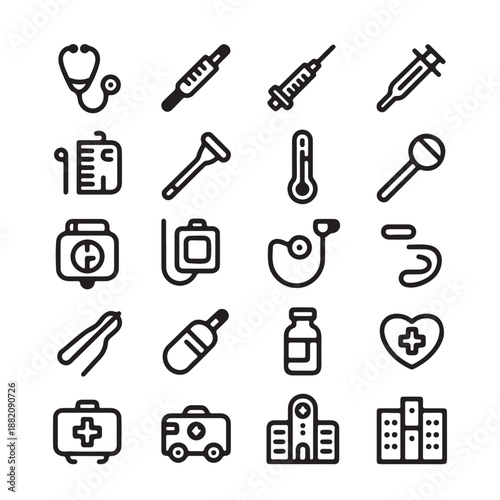 Minimal medical line icons set featuring stethoscope, syringe, thermometer, pills, hospital, ambulance, clipboard, heart, and first aid symbols, representing healthcare services, diagnosis, treatment,