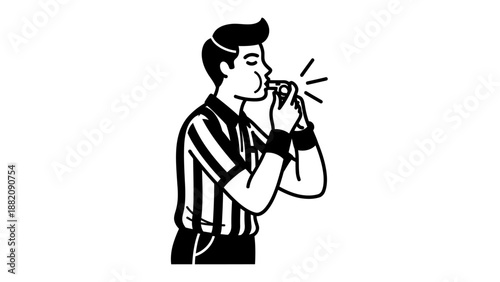 Referee Blowing Whistle in Black Stripes.