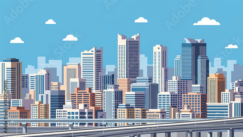 Kawasaki cityscape vector illustration portraying a dense Japanese metropolitan area with generic residential and commercial buildings in flat solid colors, suitable for modern urban concepts