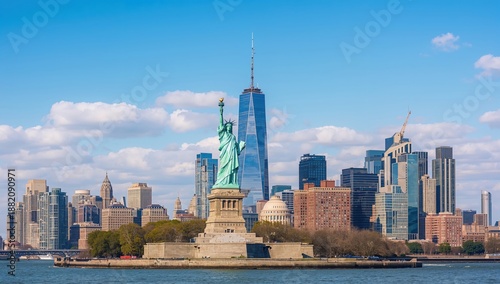 Statue of Liberty with skyscrapers, blue sky, and American national heritage landmark