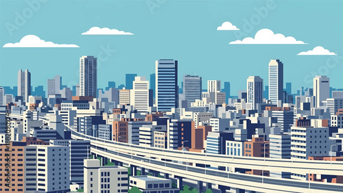 Kawasaki cityscape vector illustration portraying a dense Japanese metropolitan area with generic residential and commercial buildings in flat solid colors, suitable for modern urban concepts