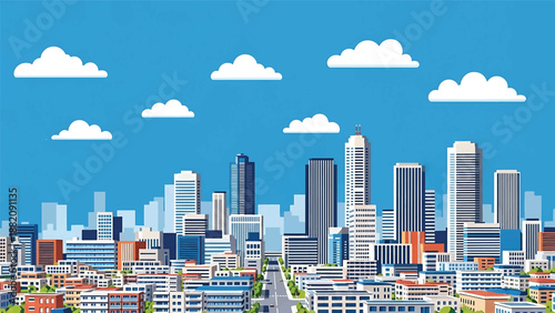 Saitama cityscape vector illustration showing a clean suburban Japanese city with generic apartments and business buildings in flat solid colors for lifestyle and urban background use