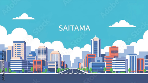 Saitama cityscape vector illustration showing a clean suburban Japanese city with generic apartments and business buildings in flat solid colors for lifestyle and urban background use